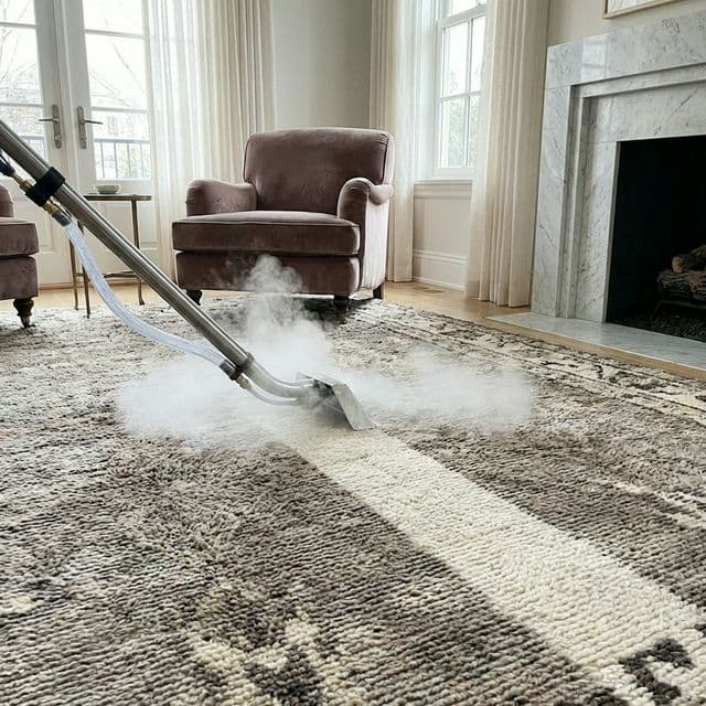 Professional steam cleaning a luxury carpet.